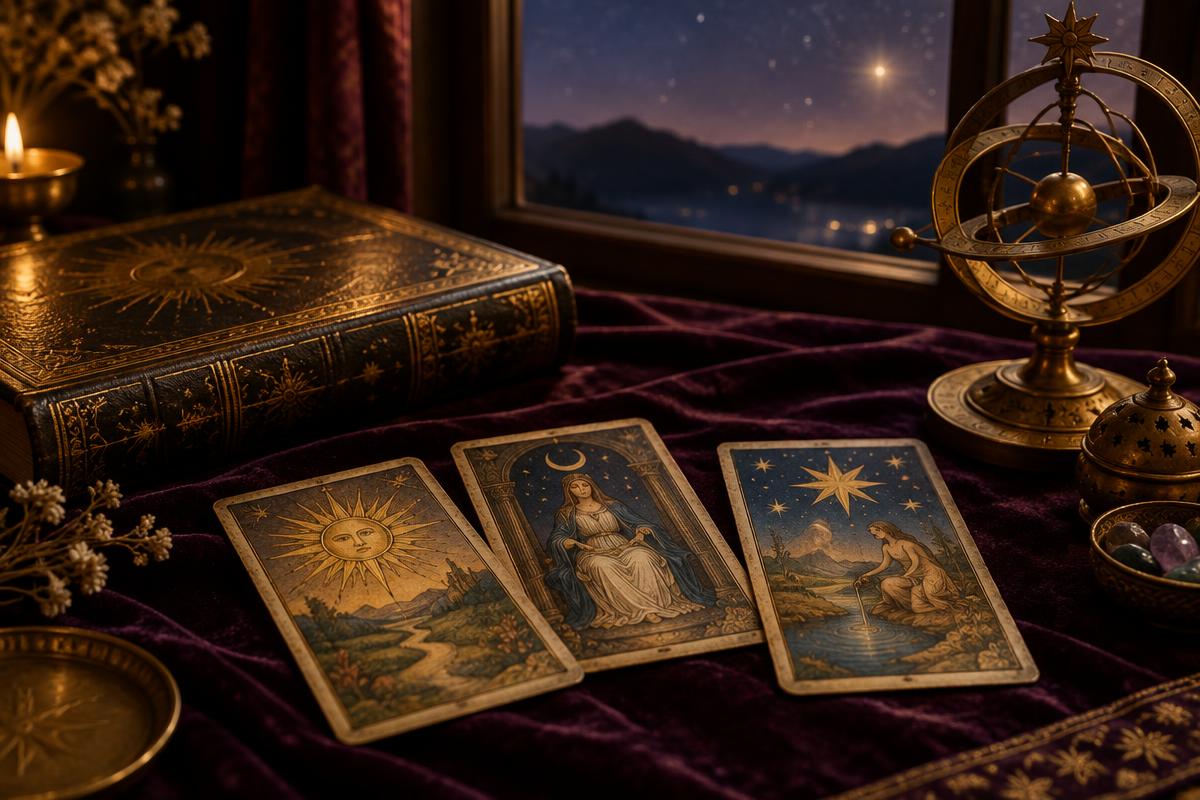 Tarot cards and a book of destiny in starlight