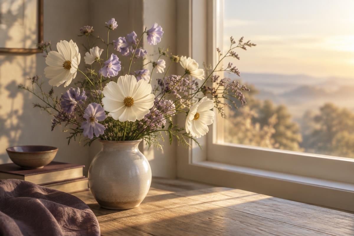 Flowers in peaceful morning sunlight